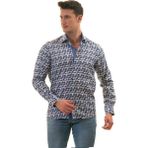 Exve Exclusive Mavi Beyaz Yaprak Baskılı Karton Kutulu Slim Fit Uzun Kol Erkek Gömlek - 3XL