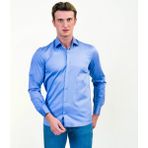 Exve Exclusive Mavi Sade 100% Pamuk Saten Slim Fit Uzun Kol Erkek Gömlek