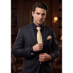 Exve Exclusive Siyah Duble Manşet Slim Fit Gömek ile Bej Kravat, Kol Düğmesi ve Mendil 4'lü Hediyelik Kutulu Set - Siyah - Bej - XL