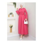 exxitcollection Kadın Tesettür Fuşya Sabit Kuşaklı Modern Şık Uzun Gece Elbise Kıyafet