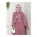 exxitcollection Kadın Tesettür Gofre Kumaş Pudra Pembe Crop Bağlamalı Şık Modern Etekli İkili Kimono Takım