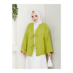 exxitcollection Kadın Tesettür Keten Önü Bağlamalı 2 Bağcıklı Modern Şık Etek Üsttü Yağ Yeşili Kimono Gömlek