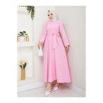 exxitcollection Kadın Tesettür Pembe Sabit Kuşaklı Modern Şık Uzun Gece Elbise Kıyafet