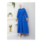 exxitcollection Kadın Tesettür Saks Mavisi Sabit Kuşaklı Modern Şık Uzun Gece Elbise Kıyafet