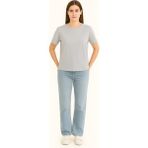 Eydamoon Kadın Regular Likralı Süprem %100 Pamuk Kumaş Bisiklet Yaka Basic T-Shirt - Taş