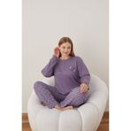 Eyfuze Kadın Kışlık Büyük Beden Curve Nakışlı Desenli Yakası Düğmeli Uzun Kollu Pijama Takımı