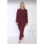 Eyfuze Kadın Kışlık Büyük Beden Yakası Düğmeli Uzun Kollu Interlok Pijama Takımı - Bordo - 3XL
