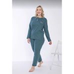 Eyfuze Kadın Kışlık Büyük Beden Yakası Düğmeli Uzun Kollu Interlok Pijama Takımı - Petrol Mavisi - 4XL