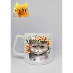 Eylül Design Çiçekli Kedi Baskılı Seramik Kupa Bardak