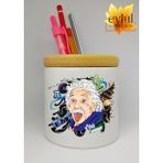 Eylül Design Einstein Baskılı Seramik Kalemlik Ahşap Detaylı Makyaj Fırça Kutusu Kalem Kutusu