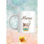 Eylül Design Merve Isimli Kitap ve Kedili Kişiye Özel Özel Tasarım Baskılı Kupa Bardak Hediye Kahve Çay Bardağı