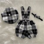 Eylülce Butik Ekoseli Çocuk Askılı Şort Salopet & Ressam Şapkası & Papyon Takım - Pasta Patlatma Kostümü - 2 - 3 Yaş - 07S-Siyah