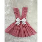 Eylülce Butik Kız Çocuk Kırmızı Pötikareli Beyaz Fiyonklu Fırfır Askılı Salopet Elbise (%100 Pamuk Kumaş) - 3 Yaş