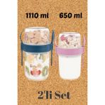 Eynel 2li Set 1100 ve 650 ml Kaşıklı Hazneli Meyveli Yoğurt Kabı Piknik Atıştırmalık Plastik Süt Bardak - Çok Renkli