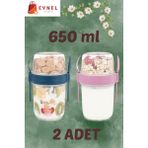Eynel 2li Set 650 ml Take-Go Kaşıklı Hazneli Meyveli Yoğurt Kabı Piknik Atıştırmalık Granola Süt Bardağı - Çok Renkli