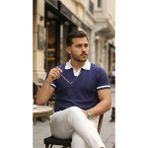 Ezel Glory Erkek Renkli Yakalı File Desenli Kısa Kollu Tişört - Lacivert - XL