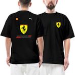 F1 Ferrari Logo Ön Arka Baskılı Siyah Oversize Tişört - XL
