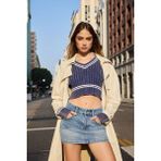 F21 Çizgili Crop Kazak - Koyu Mavi - XS