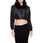 F21 Kürk Yaka Detalı Crop Ceket - Siyah - M