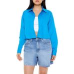 F21 Pamuklu Uzun Kollu Crop Gömlek - Mavi