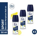 Fa Sport Roll-On Deodorant 3x50 ml Unisex Doğal Yeşillik ve Turunçgil Ferahlığı Pudrasız Beyaz Leke Önleyici