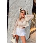 FAA BUTİK Ajurlu Model Yarasa Kol Kayık Yaka Salaş Kaşındırmaz Pamuklu Crop Triko Bluz BLU020