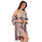 FAAL DANTEL DETAYLI SATEN GECELİK SABAHLIK TAKIM 2115 Dantel Detaylı, Lacivert ve Vizon, Kadın Pijama Takımı (VİZON, 2XL)