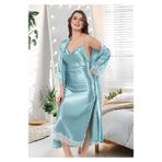 FAAL Kadın Saten Degaje Yaka İp Askılı Uzun Gecelik Sabahlık Takım, Mint, XL