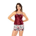 FAAL Kadın Saten İp Askılı Şortlu Pijama Takım, Bordo, XL