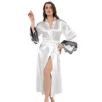 FAAL Kadın Saten Uzun Kollu Dantel Detaylı Uzun Sabahlık-Beyaz, Siyah Dantel Detaylı, Uzun, Kimono Yaka, Kuşaklı, Kadın Gecelik 5902 (XL)
