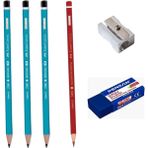 Faber Castell 3 Adet 2160 HB Köşeli Kurşun Kalem + 1410 Kırmızı Kopya Kalemi + Pensan Sınav Silgisi ve Metal Kalemtıraş