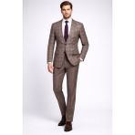 FABIO CASSEL Bej Rengi Kareli Premium Erkek Takım Elbise – Slim Fit Özel Gün & Davet Takımı - Kahverengi - Bej - 6 Drop - 48
