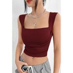 fablair Kare Yaka Büzgü Detaylı Esnek Crop Bluz Bordo M