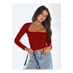 fablair Kare Yaka Uzun Kollu Crop Bluz – Esnek Kumaş, Modern Stil Bordo L