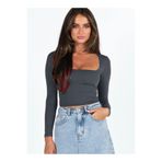 fablair Kare Yaka Uzun Kollu Crop Bluz – Esnek Kumaş, Modern Stil Füme M