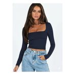 fablair Kare Yaka Uzun Kollu Crop Bluz – Esnek Kumaş, Modern Stil Lacivert M