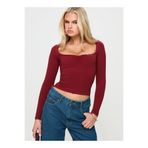 fablair Uzun Kollu Önü Büzgülü Kare Yaka Slim Fit Kadın Crop Bluz Bordo M
