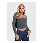 fablair Uzun Kollu Önü Büzgülü Kare Yaka Slim Fit Kadın Crop Bluz Füme XL