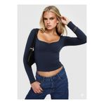fablair Uzun Kollu Önü Büzgülü Kare Yaka Slim Fit Kadın Crop Bluz Lacivert L