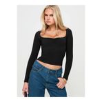 fablair Uzun Kollu Önü Büzgülü Kare Yaka Slim Fit Kadın Crop Bluz Siyah XL