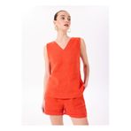 FABRIKA COMFORT Nar Çiçeği Kadın V Yaka Rahat Kalıp Keten Bluz FC5SL-BLZ0139