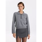 Fabrika Polo Yaka Dar Düz Gri Melanj Kazak Kadın F5WL-KZK0023 - S