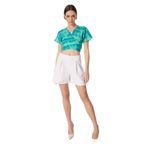 Fabrika V Yaka Crop Batik Desenli Bluz, 42, 5003087451, Yeşil - Çok Renkli, Kadın