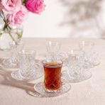 Fair Home Kristal Kesme Desen 6 Kişilik Tabaklı Çay Fincan Takımı – 6 x 110 Ml. - Şeffaf