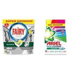 Fairy Platinum 72 Yıkama Bulaşık Makinesi Deterjanı Kapsülü/TabletiLimon Kokulu & Ariel Aqua Pudra Dağ Esintisi Toz Çamaşır Deterjanı Renklilere Özel 7 kg