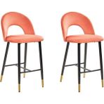 Falton 2’li Mercan Kadife Retro Bar Sandalyesi, Altın Detaylı, 62 cm Oturum - Turuncu