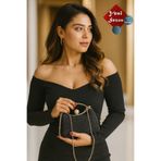 Famels İthal Simli Özel Kumaş Tasarım ve Zirkon Taşlı İnci Başlıklı Abiye El ve Kol Çantası
