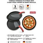 Famelya Yanmaz Yapışmaz Çelik 3 Lü Pizza Seti - 2 Adet 29 cm Pizza Tepsisi ve Kesici Spatula Dayanaklı Tava ZNKR1001, One Size