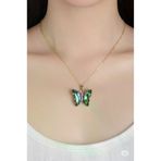 FAMEMUS ACCESSORY 01135 Çelik Zincir Altın Renk Zincir Yeşil Kelebek Model Renkli Zirkon Taşlı Kolye