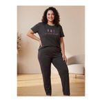 FAMES PİJAMA Siyah Kısa Kol Büyük Beden Çiçek Desenli Pijama Takım